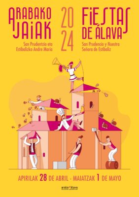 ¡Prepárate para una explosión de energía en el vibrante cartel de las Fiestas de Álava 2024! Imagina a músicos tocando con furor en lo alto de un edificio, ¡una banda sonora épica desde las alturas! Únete a nosotros del 28 de abril al 1 de mayo mientras honramos nuestras tradiciones, desde la venerada Estibaliz hasta las vivaces festividades de San Prudencio. ¡Será una fiesta que hará temblar los cimientos!