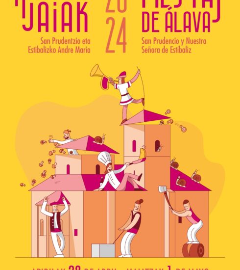 ¡Prepárate para una explosión de energía en el vibrante cartel de las Fiestas de Álava 2024! Imagina a músicos tocando con furor en lo alto de un edificio, ¡una banda sonora épica desde las alturas! Únete a nosotros del 28 de abril al 1 de mayo mientras honramos nuestras tradiciones, desde la venerada Estibaliz hasta las vivaces festividades de San Prudencio. ¡Será una fiesta que hará temblar los cimientos!